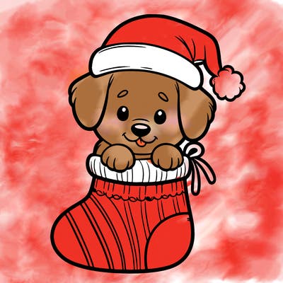 cute puppy wearing santa hat in socking