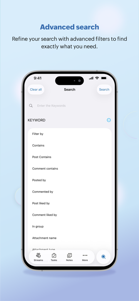 Streams - for Zoho Mail - Advanced search interface in the Zoho Streams app displaying various filter options for finding specific posts and comments