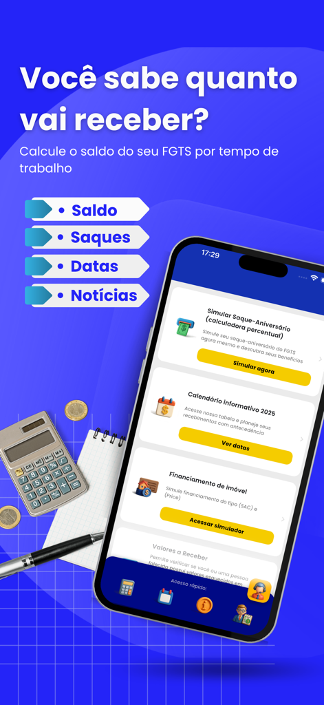 Meu FGTS | Consulta Saque 2026 - Una interfaz de aplicación móvil en portugués que muestra el cálculo del saldo de FGTS y el simulador de retiro de cumpleaños