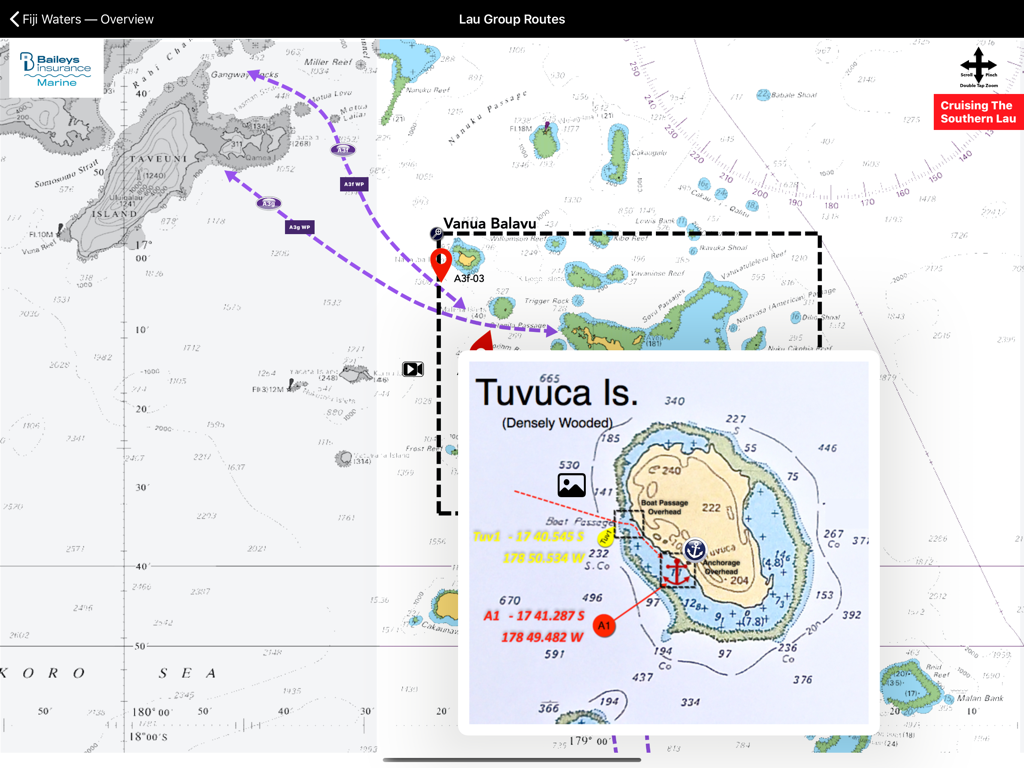 A detailed nautical chart showing sailing routes through the Lau Group in Fiji with an inset map of Tuvuca Island anchorages.