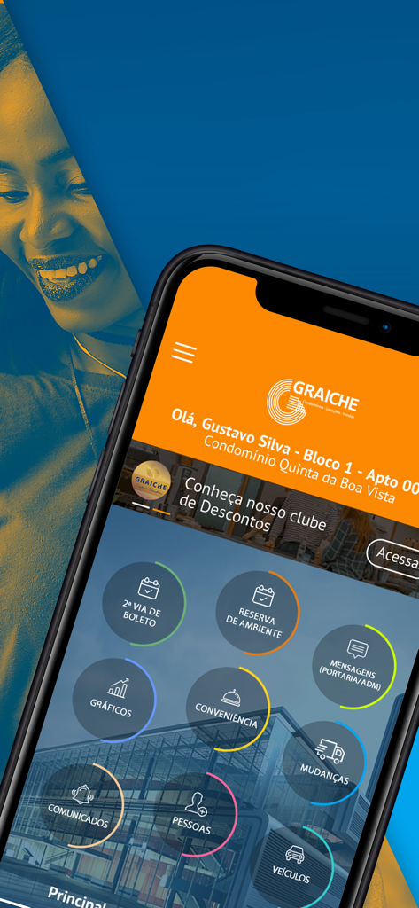 Graiche Condomínios - Graiche Condominos モバイルアプリのダッシュボード、住宅管理機能が表示されています