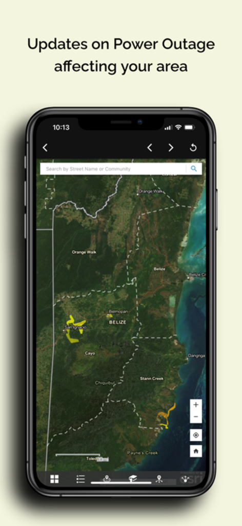 BEL 24-7 - Écran montrant les mises à jour des pannes de courant sur une carte du Belize dans l'application BEL 24-7.