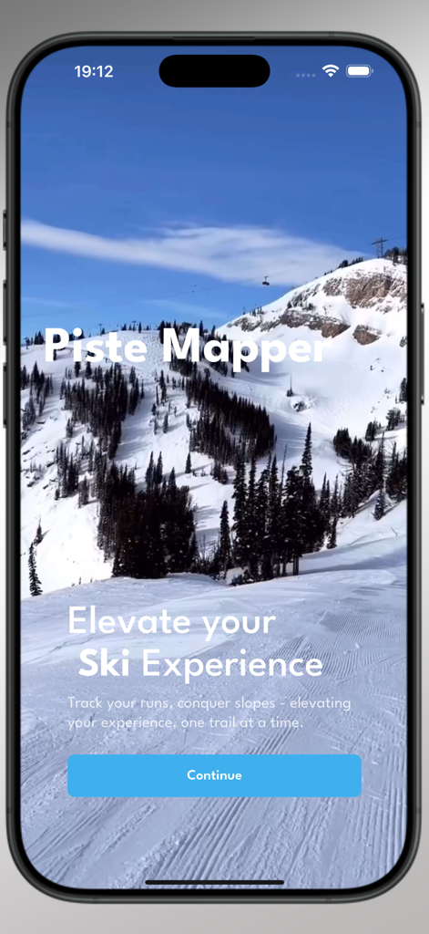 Pantalla introductoria de la aplicación Piste Mapper Tignes con un fondo de montaña nevada