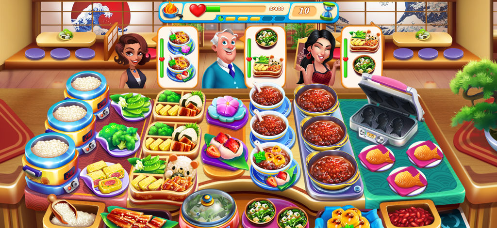 Cooking Love - Restaurant Chef - Gameplay screenshot of Cooking Love showing a Japanese restaurant level with bento boxes and customers waiting for their orders.