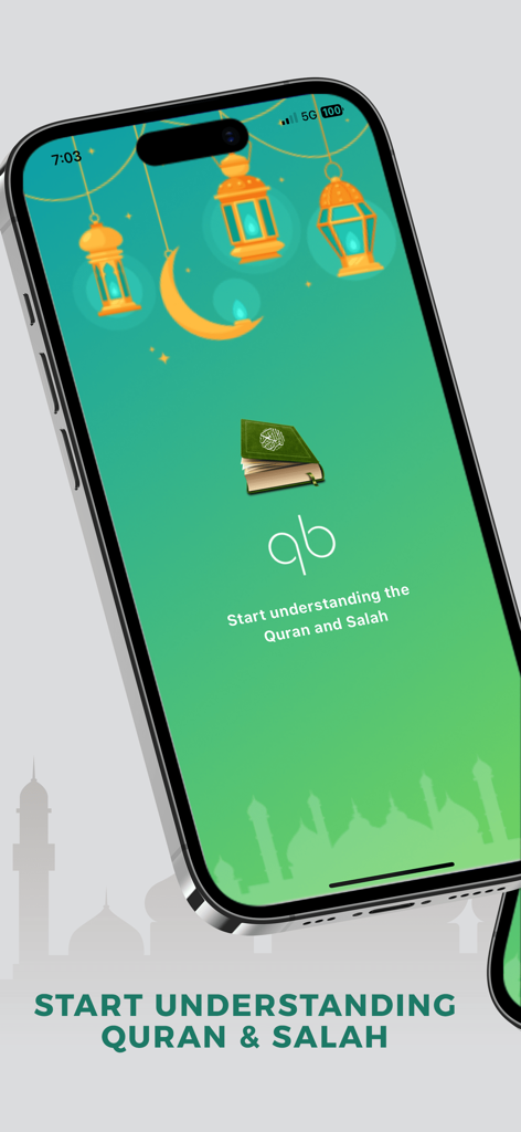Quran Buddy: Memorize Quran - Quran Buddy mobile app welcome screen with Islamic lanterns and a call to action to start understanding Quran and Salah.