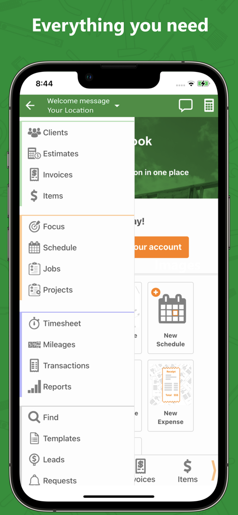 Sidebar navigation menu of the GetCost app showing management features for contractors including estimates invoices and scheduling