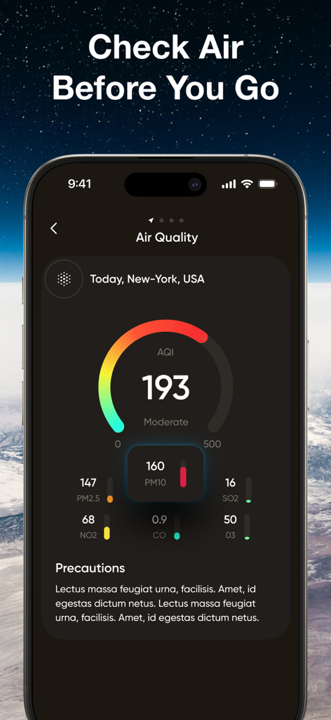 NOAA Weather Radar Forecast - NOAA天気予報レーダーアプリのスクリーンショットで、ニューヨーク市の空気質指数と汚染物質の指標を表示