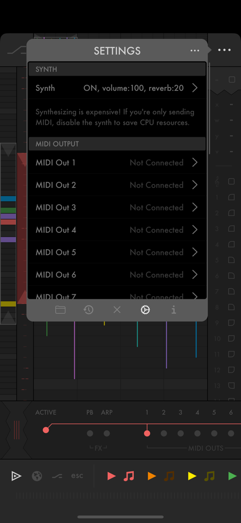 Fugue Machine Rubato app settings menu showing internal synth and MIDI output configuration