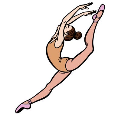 gymnast doing a leap in a leotard with a bent back leg