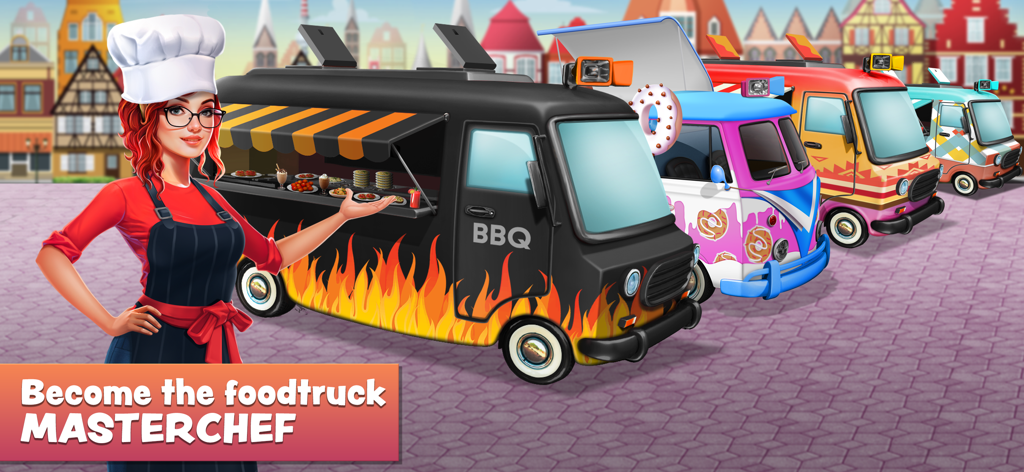 Food Truck Chef™: Cooking Game - A female chef character standing in front of a row of diverse food trucks in a town square