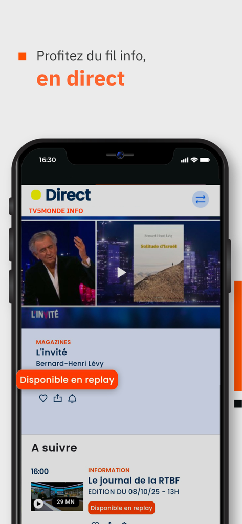 TV5MONDE-App, die einen Live-Nachrichtenstream und kommende Sendungen auf Französisch anzeigt
