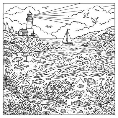 Embark on a relaxing journey with this enchanting coastal coloring page, perfect for all ages. Discover a charming lighthouse, playful dolphins, and a bustling underwater world waiting for your creative touch.