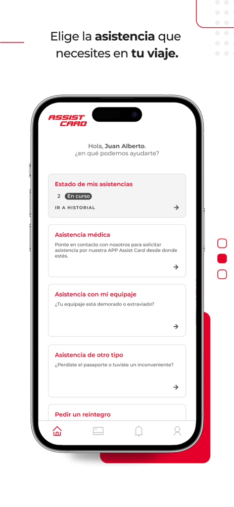Assist Card app dashboard displaying travel assistance services like medical and baggage support