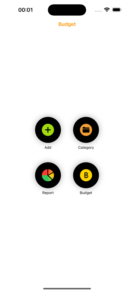 PieBudget - PieBudget home screen with circular menu buttons for add category report and budget