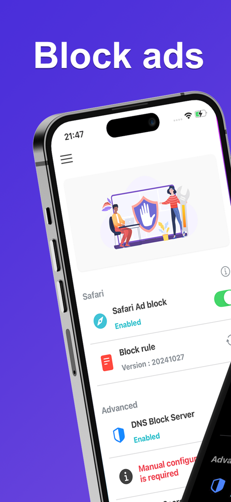 Ad Blocker Pro - Secure & Safe - iPhone displaying the Ad Blocker Pro app interface with enabled Safari and DNS ad blocking settings