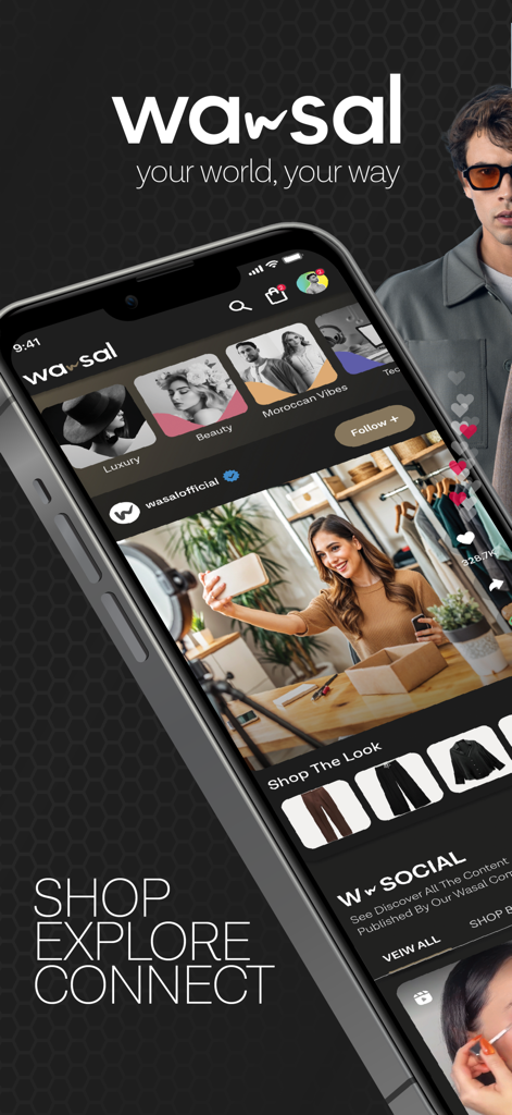 WASAL mobile app interface featuring shoppable social content and curated lifestyle categories