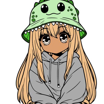 girl with anime shaped eyes with a dinosaur bucket hat oversized sweatshirt long straight hair