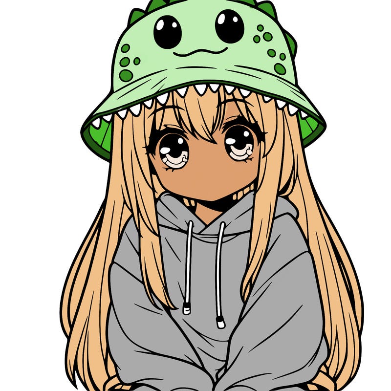 girl with anime shaped eyes with a dinosaur bucket hat oversized sweatshirt long straight hair