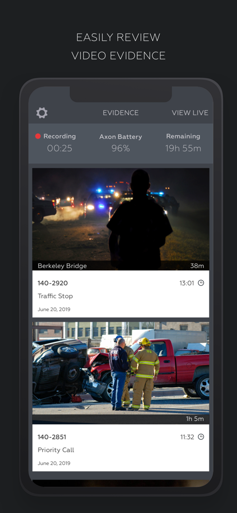 Axon View app screen showing a list of recorded video evidence for law enforcement including traffic stops and priority calls