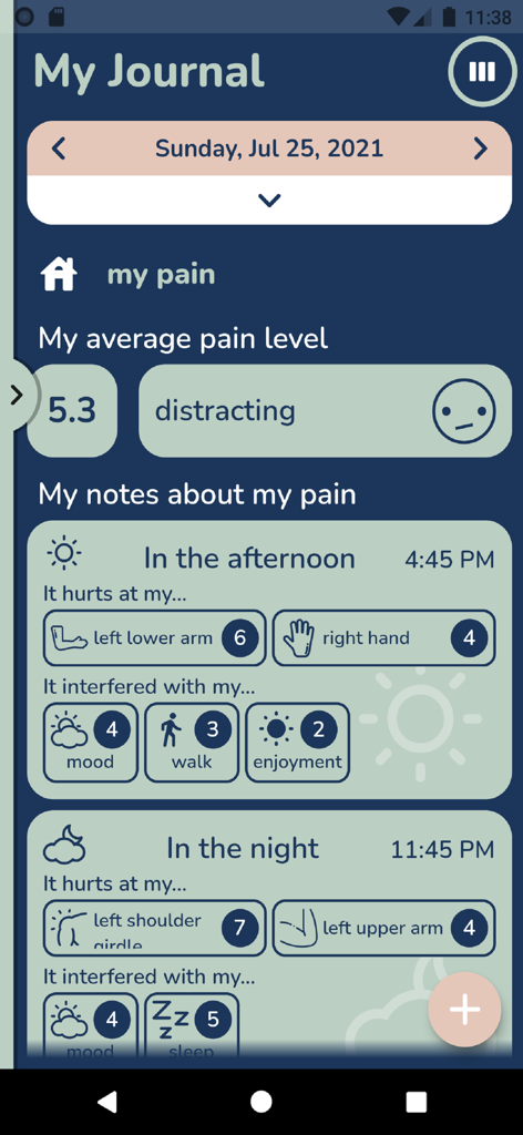My Fibro Journal - Interface of My Fibro Journal app showing daily pain levels and logs of symptoms recorded for afternoon and night.