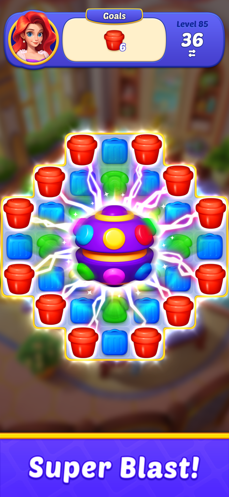 Home Match - Garden & Design - Un nivel de puzle de match 3 en Home Match con un potenciador Super Blast limpiando bloques coloridos