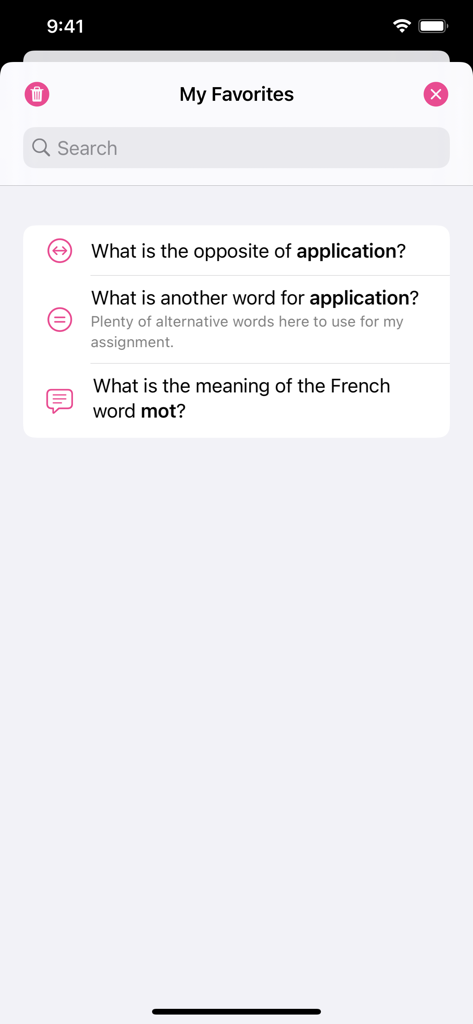 Word Hippoアプリのお気に入り画面。注釈付きで保存された類語、反意語、翻訳が表示されています