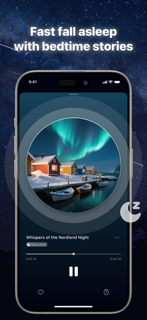 Sleep Sound: Relax White Noise - Smartphone showing a bedtime story interface with a scenic northern lights landscape
