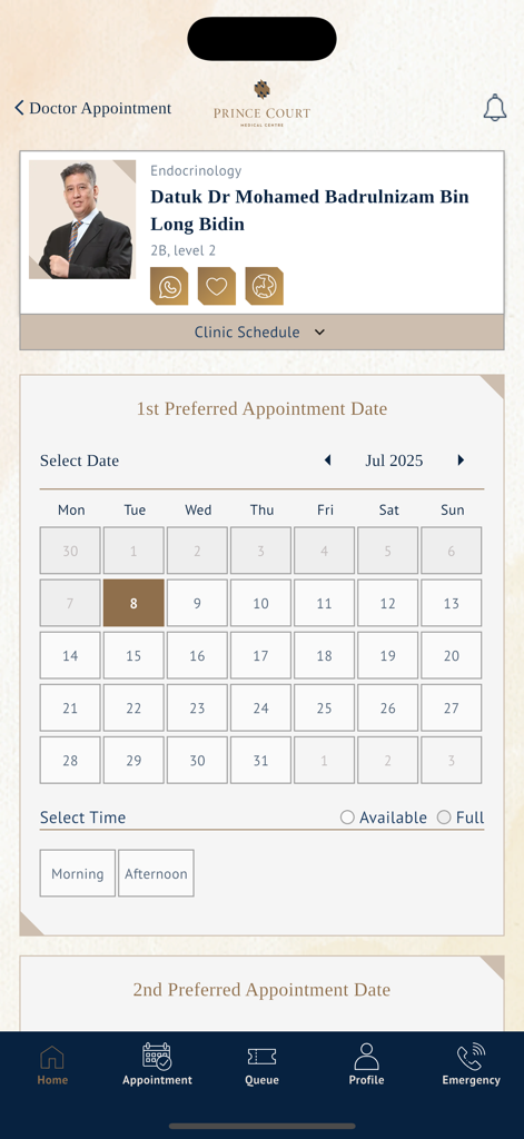 Prince Court Preferred 모바일 앱 화면, 캘린더 및 컨설턴트 세부 정보와 함께 의사 예약 일정 잡기