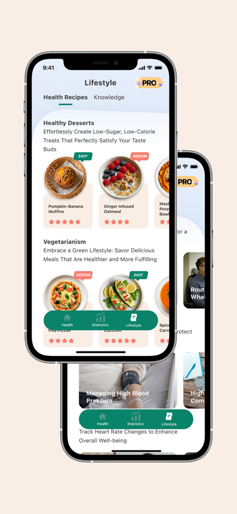 Health Life - BloodSugar & BP - Health Life app lifestyle screen showing healthy recipes and blood pressure management articles