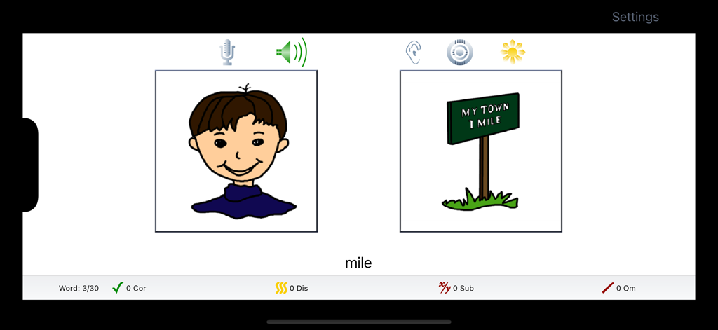 Interfaz de la aplicación de logopedia Pares Mínimos que muestra un ejercicio de discriminación de palabras para la palabra milla con herramientas de seguimiento