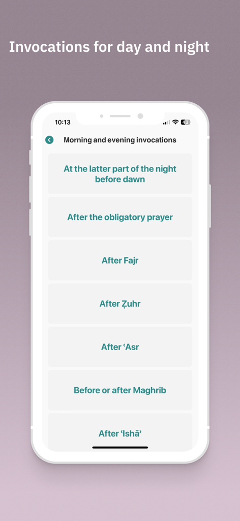 BaAlwi - Interface of the BaAlwi app displaying a menu of daily invocations organized by prayer times