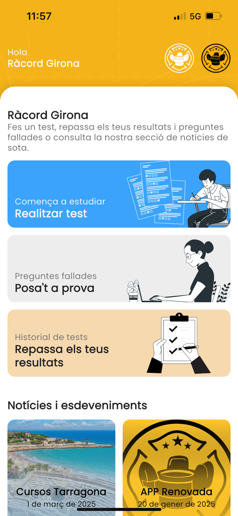 Main dashboard of the Racord Girona firefighter exam preparation app featuring study tests and progress tracking.