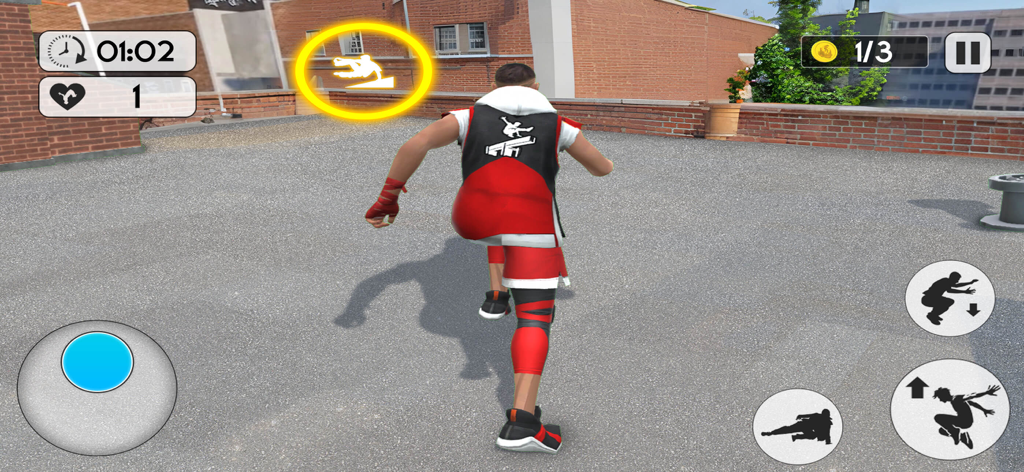 Rooftop Backflip Parkour Games - A character in red and black athletic gear running on a rooftop in a parkour mobile game.
