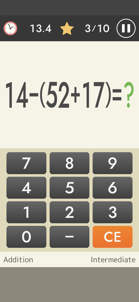 Mental Arithmetic Math - Mental arithmetic app interface showing a math problem and numeric keypad for intermediate level practice