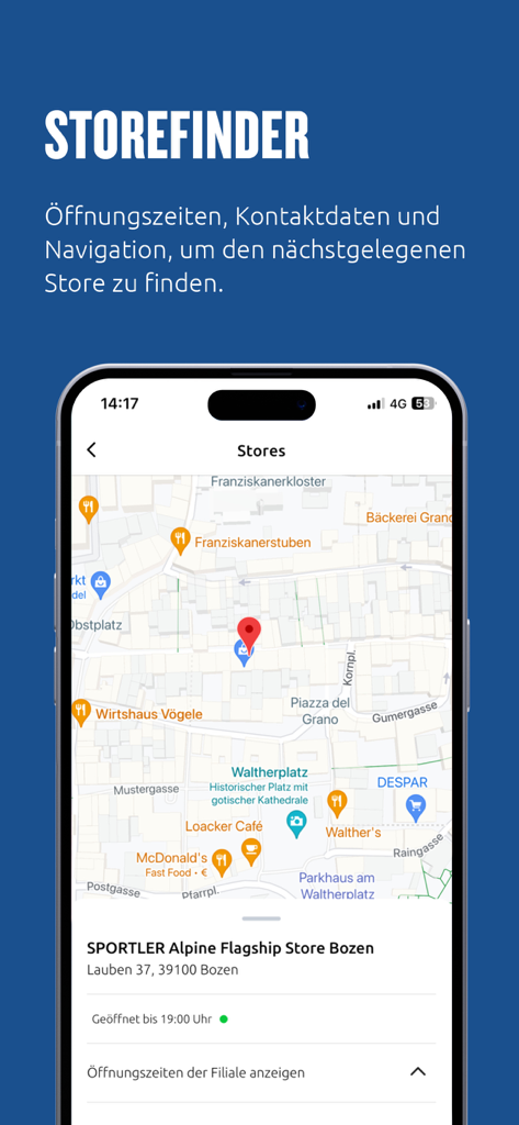 Sportler App - The Sportler App store locator feature showing a map with store locations and business hours.