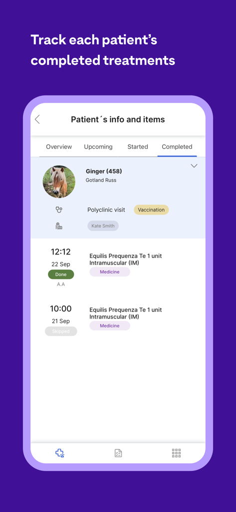 Aplicativo Provet Mobile mostrando uma lista de tratamentos veterinários concluídos para um paciente