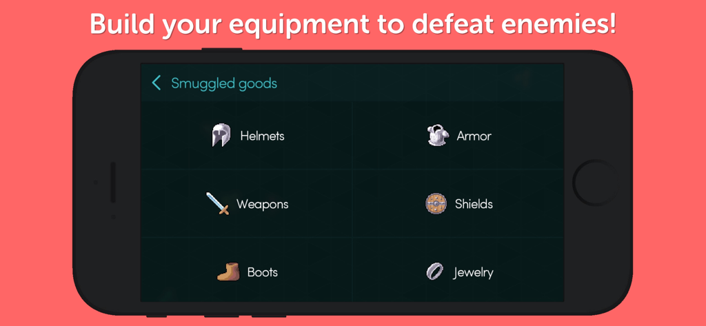 Mitos.is game screen showing the smuggled goods equipment menu with categories for helmets armor weapons and shields