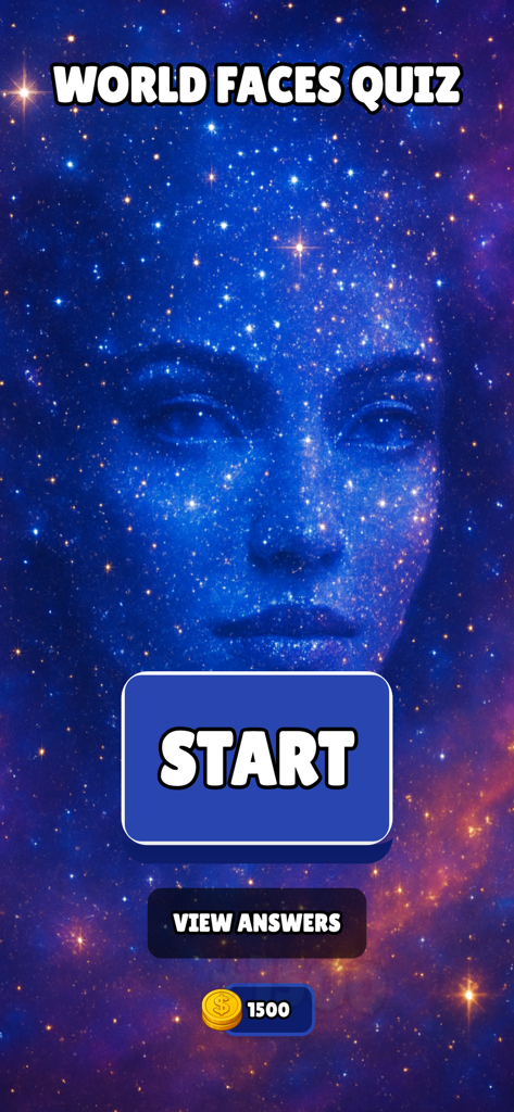 Quiz: What Country Am I From? - Start screen of the World Faces Quiz app featuring a cosmic galaxy themed face and a large start button
