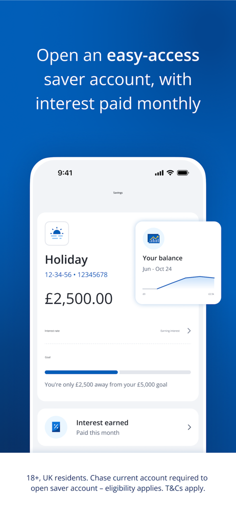 Chase UK - Chase UK mobile app interface showing an easy-access saver account with a holiday savings goal and monthly interest earned