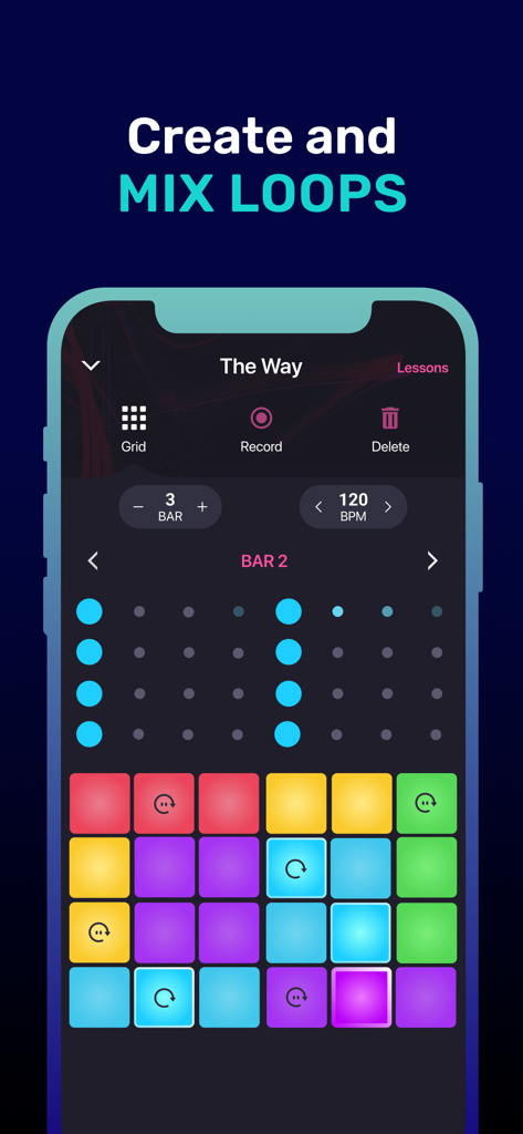 Drum Pad ONE: Dj music maker - A smartphone showing the Drum Pad ONE app interface with colorful drum pads and a music sequencer