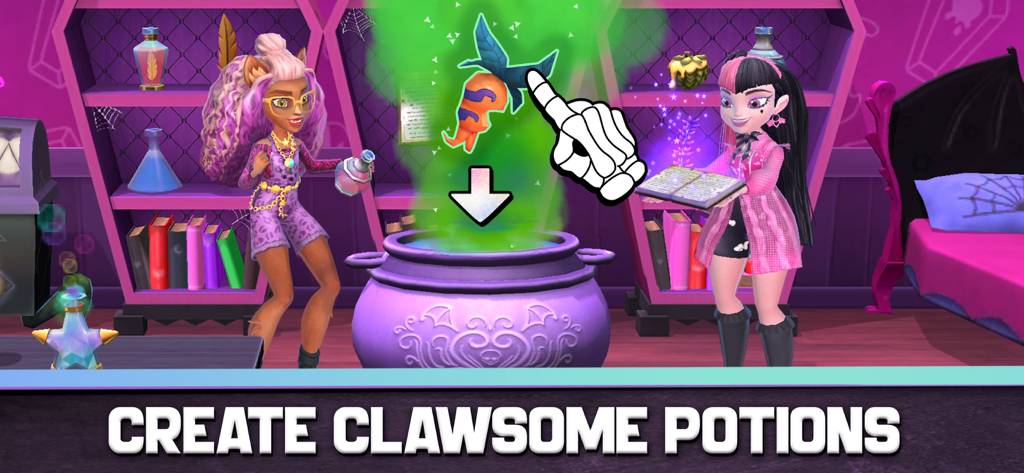 Monster High Fangtastic Life - モンスター・ハイ ファントスティック・ライフで、紫色の大釜でポーションを作っているクロウディーン・ウルフとドラキュローラ