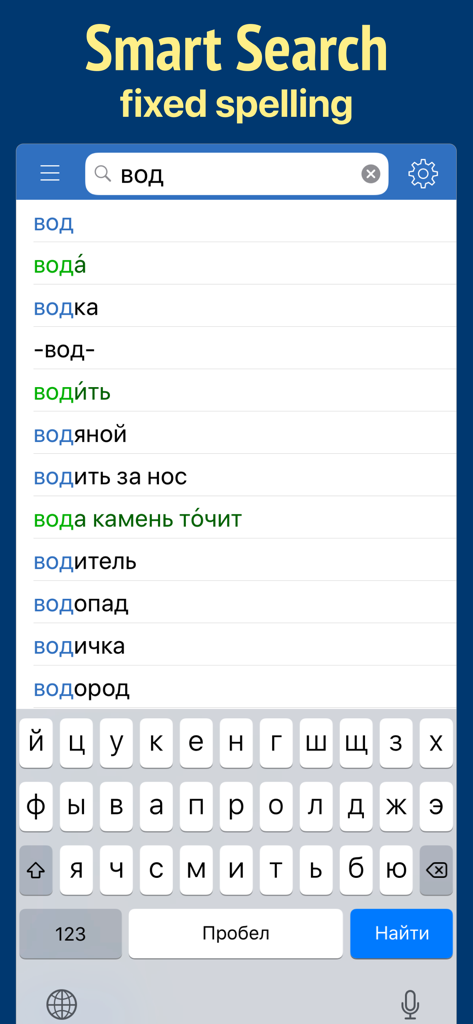 Russian Dictionary Wiki Word - Smart search feature in the WikiWord Russian dictionary app showing word suggestions and a Cyrillic keyboard
