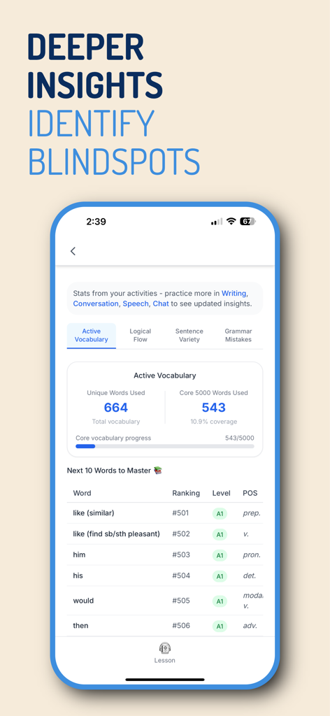 Lexioo app dashboard displaying active vocabulary insights and words to master for advanced English learners.