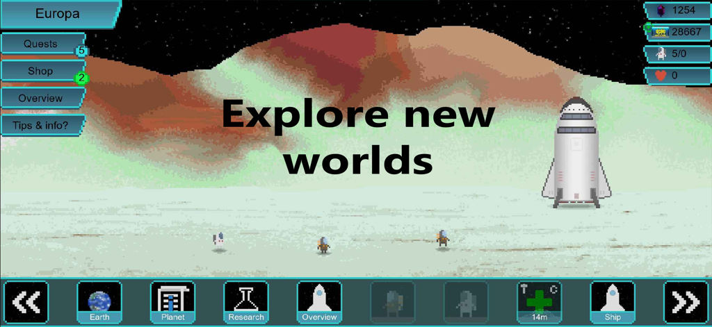 Tiny Space Program - Gameplay screenshot of Tiny Space Program showing a rocket and astronauts on the surface of Europa with the text Explore new worlds.