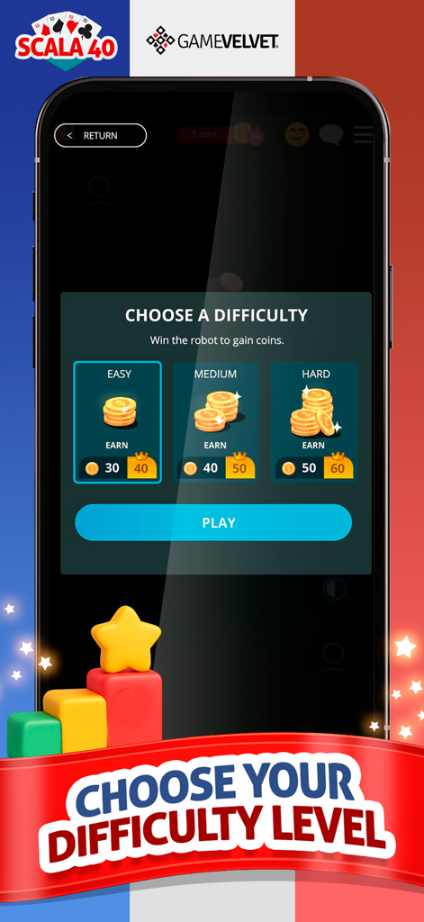 Schermata di selezione della difficoltà dell'app di gioco di carte Scala 40 con livelli Facile, Medio e Difficile