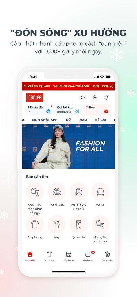 Canifa - Canifa fashion app home page displaying various clothing categories and a promotional banner