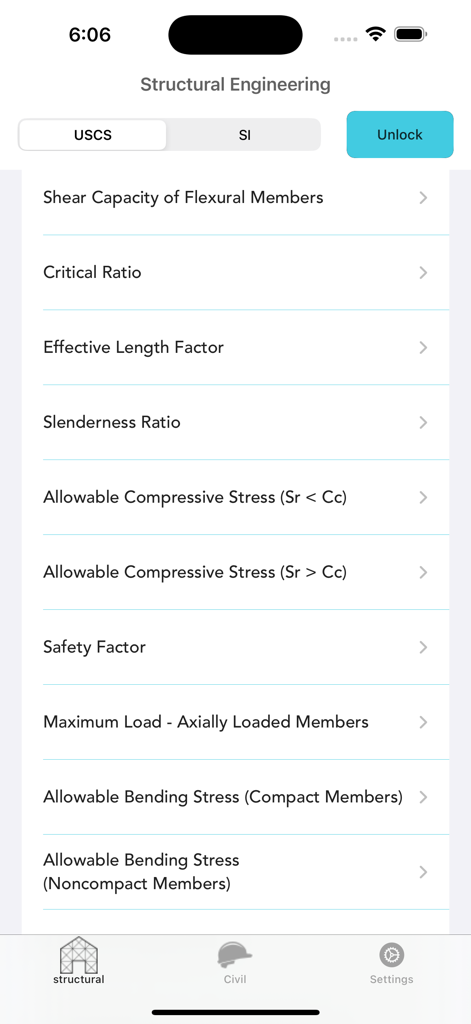 Structural Engineering lite - List of structural engineering calculation tools in the Structural Engineering lite app interface