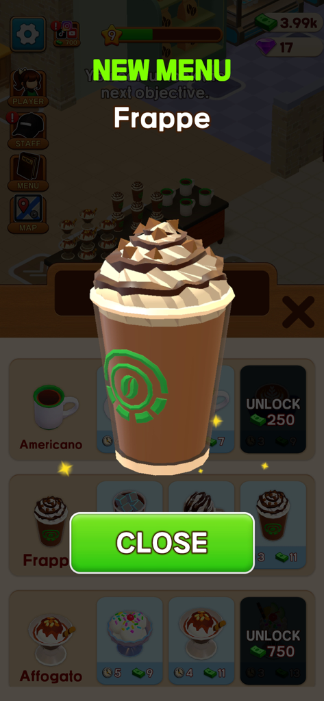 A pop up window in the Cafe Life game showing a newly unlocked Frappe menu item with whipped cream and chocolate drizzle