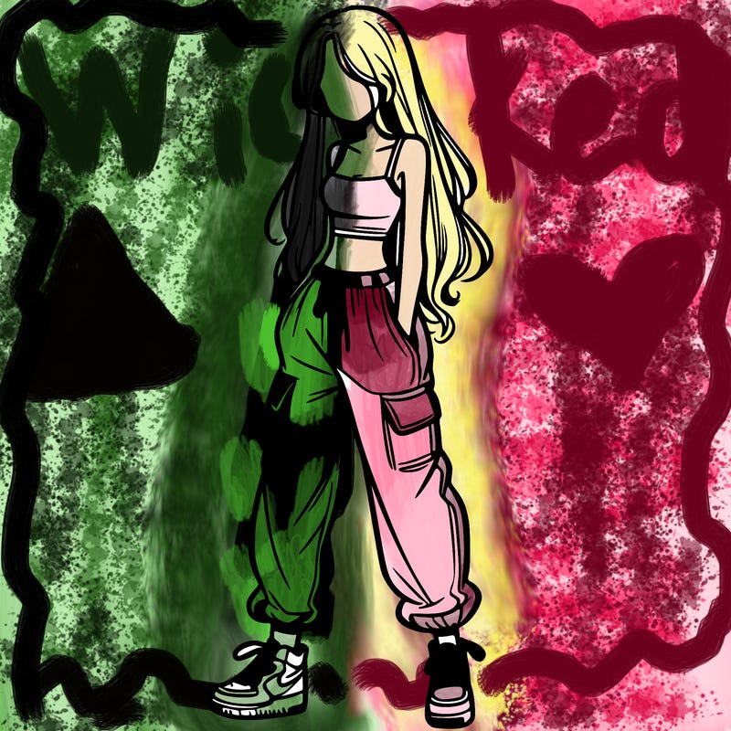 girl in baggy pants crop top and long hair