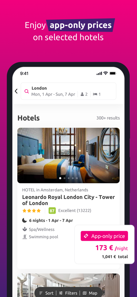 Bravofly - Aplicación móvil Bravofly que muestra resultados de búsqueda de hoteles en Londres con precios exclusivos solo para la app